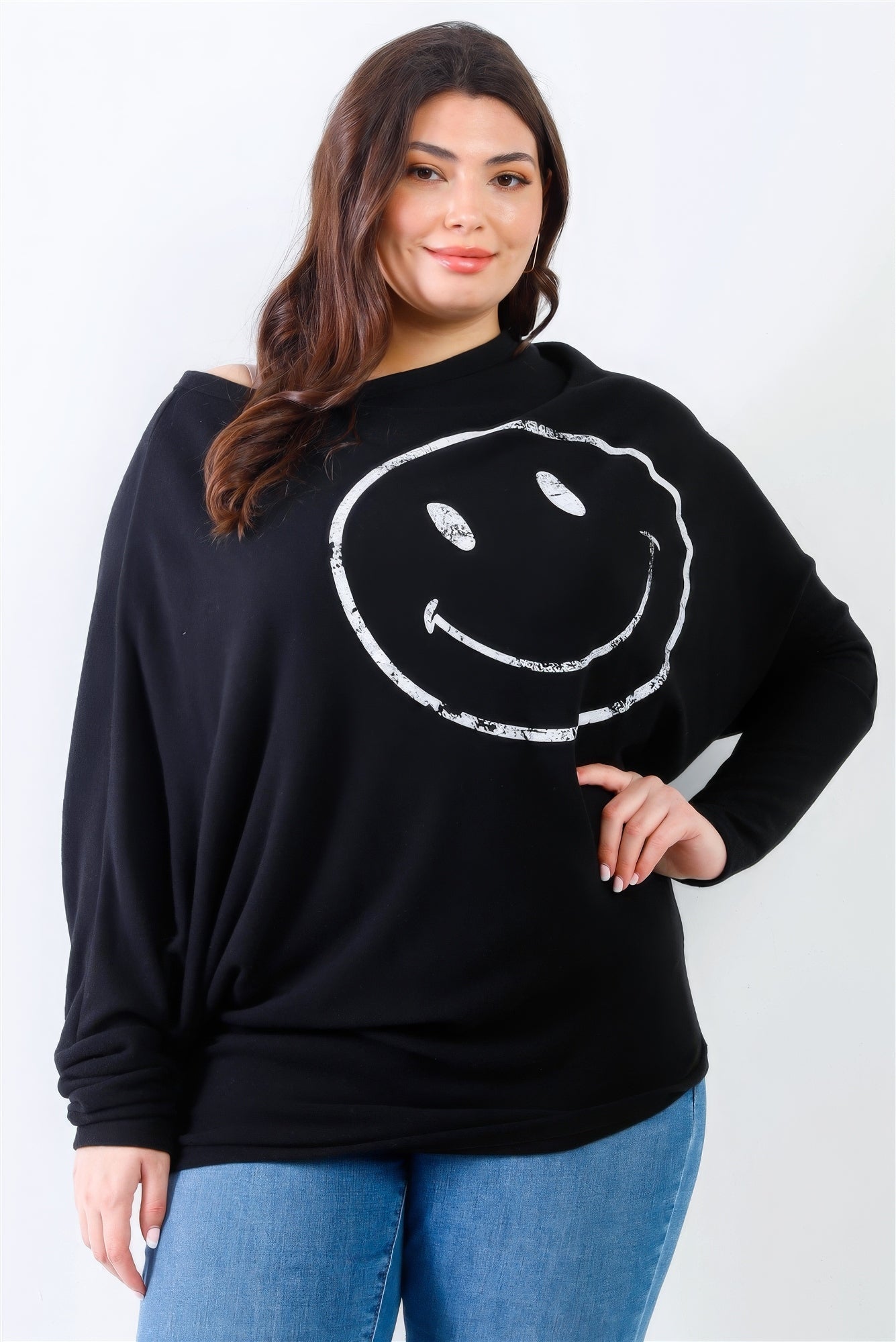 Plus Smile Front Print Flannel Dolman Sleeve Top - AV Fashion’s