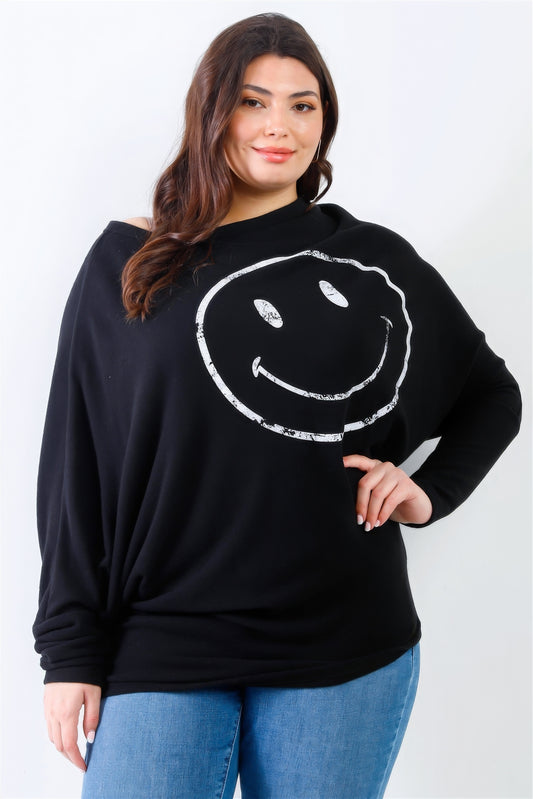 Plus Smile Front Print Flannel Dolman Sleeve Top - AV Fashion’s