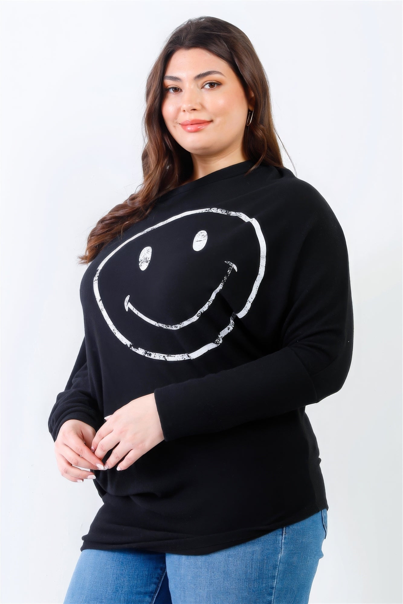 Plus Smile Front Print Flannel Dolman Sleeve Top - AV Fashion’s