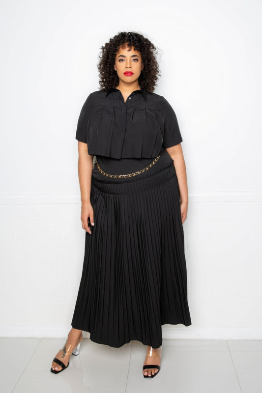 Pleated Cropped Shirt And Maxi Skirt Set - AV Fashion’s