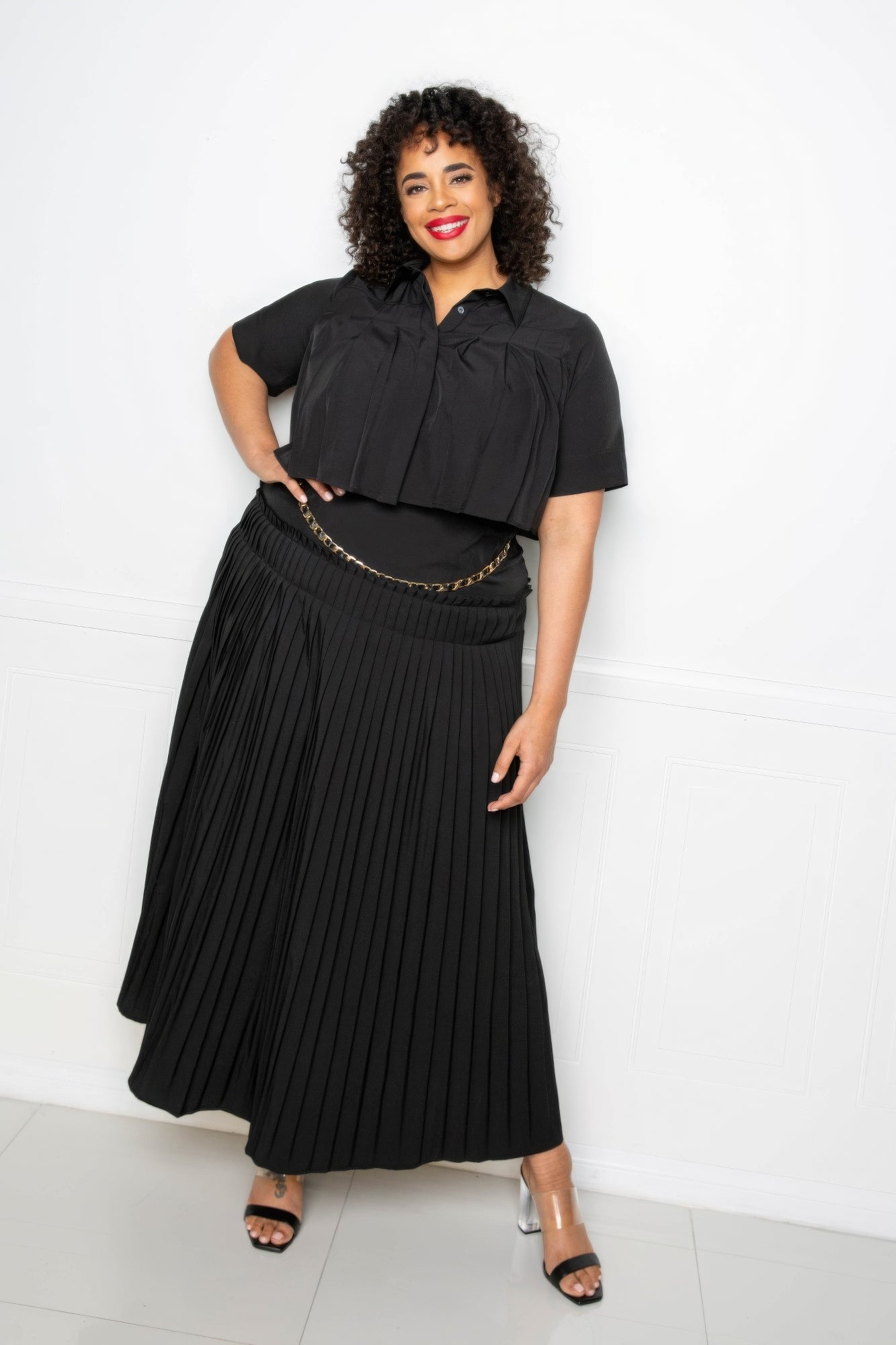 Pleated Cropped Shirt And Maxi Skirt Set - AV Fashion’s