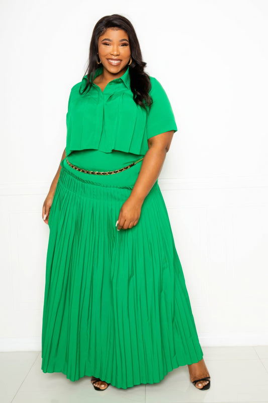Pleated Cropped Shirt And Maxi Skirt Set - AV Fashion’s