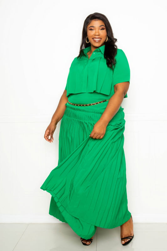 Pleated Cropped Shirt And Maxi Skirt Set - AV Fashion’s