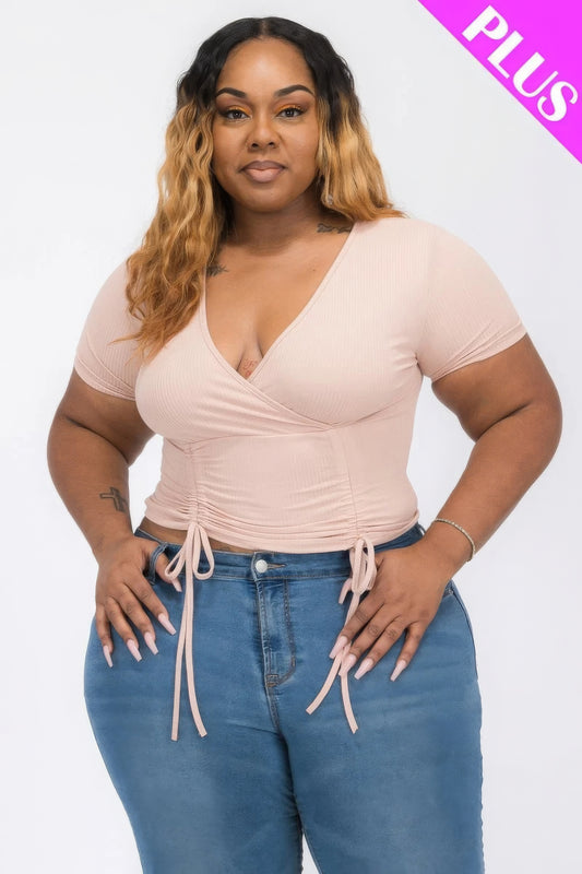 Plus Ribbed Ruched Drawstring Surplice Top - AV Fashion’s