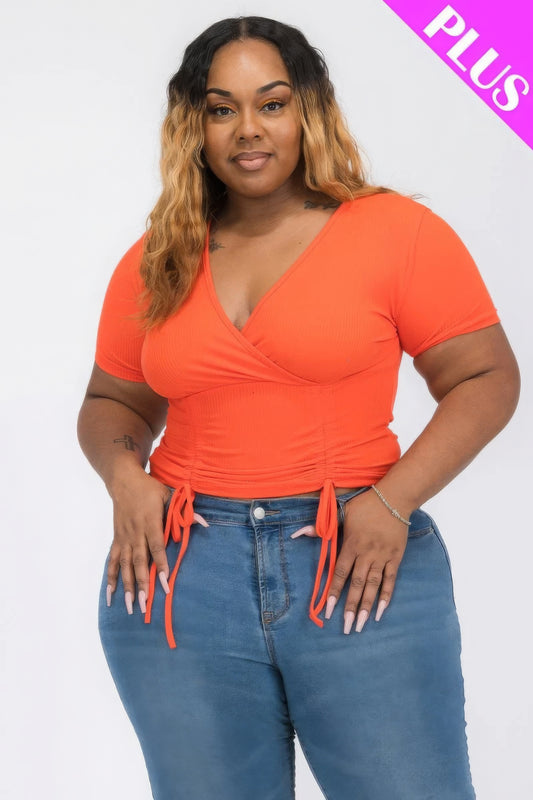 Plus Ribbed Ruched Drawstring Surplice Top - AV Fashion’s