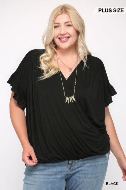 Solid Viscose Knit Surplice Top With Ruffle Sleeve - AV Fashion’s