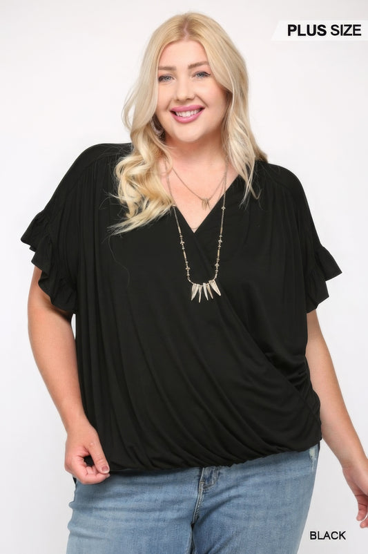 Solid Viscose Knit Surplice Top With Ruffle Sleeve - AV Fashion’s