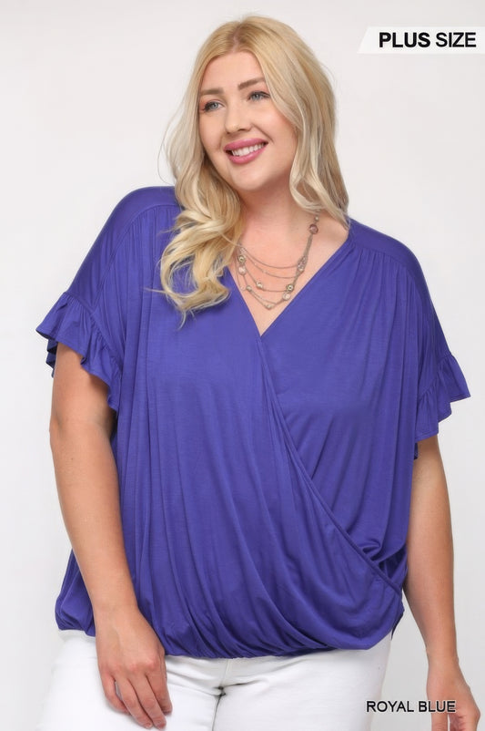 Solid Viscose Knit Surplice Top With Ruffle Sleeve - AV Fashion’s