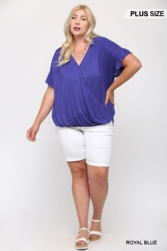 Solid Viscose Knit Surplice Top With Ruffle Sleeve - AV Fashion’s