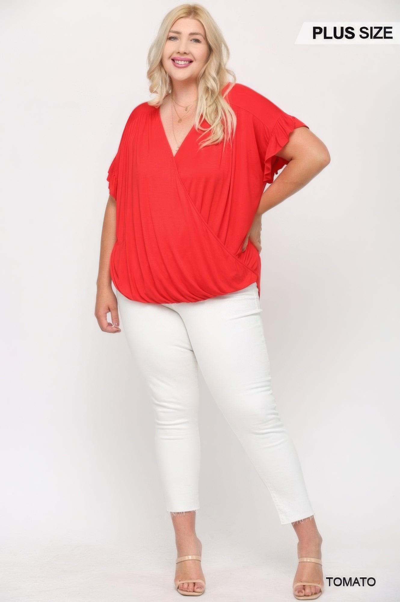 Solid Viscose Knit Surplice Top With Ruffle Sleeve - AV Fashion’s