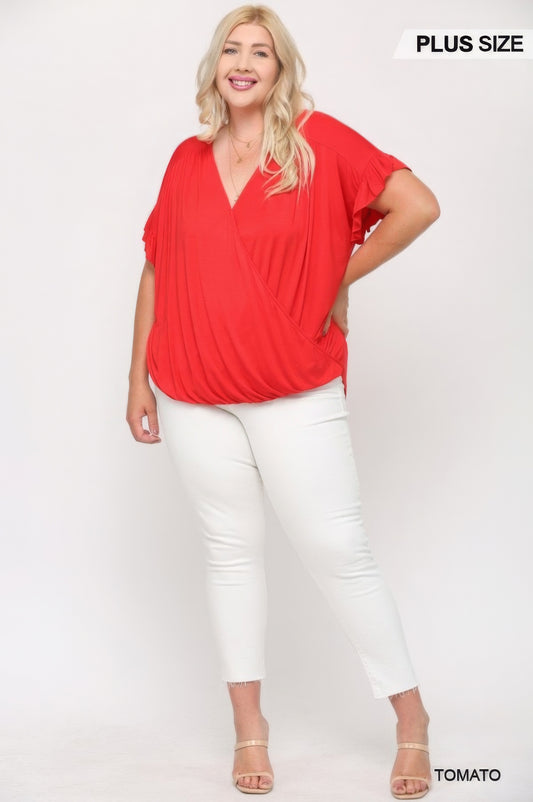 Solid Viscose Knit Surplice Top With Ruffle Sleeve - AV Fashion’s
