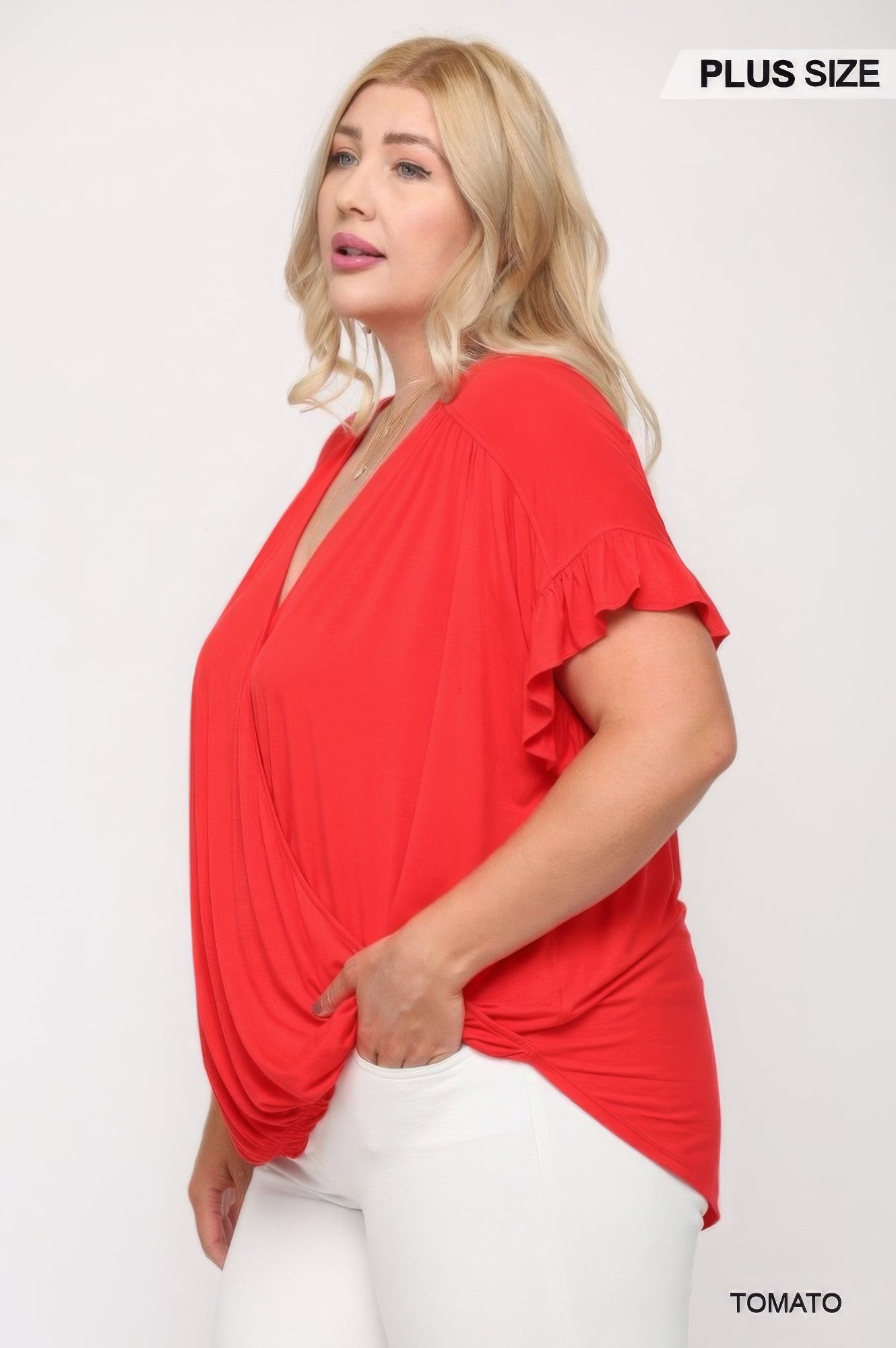 Solid Viscose Knit Surplice Top With Ruffle Sleeve - AV Fashion’s