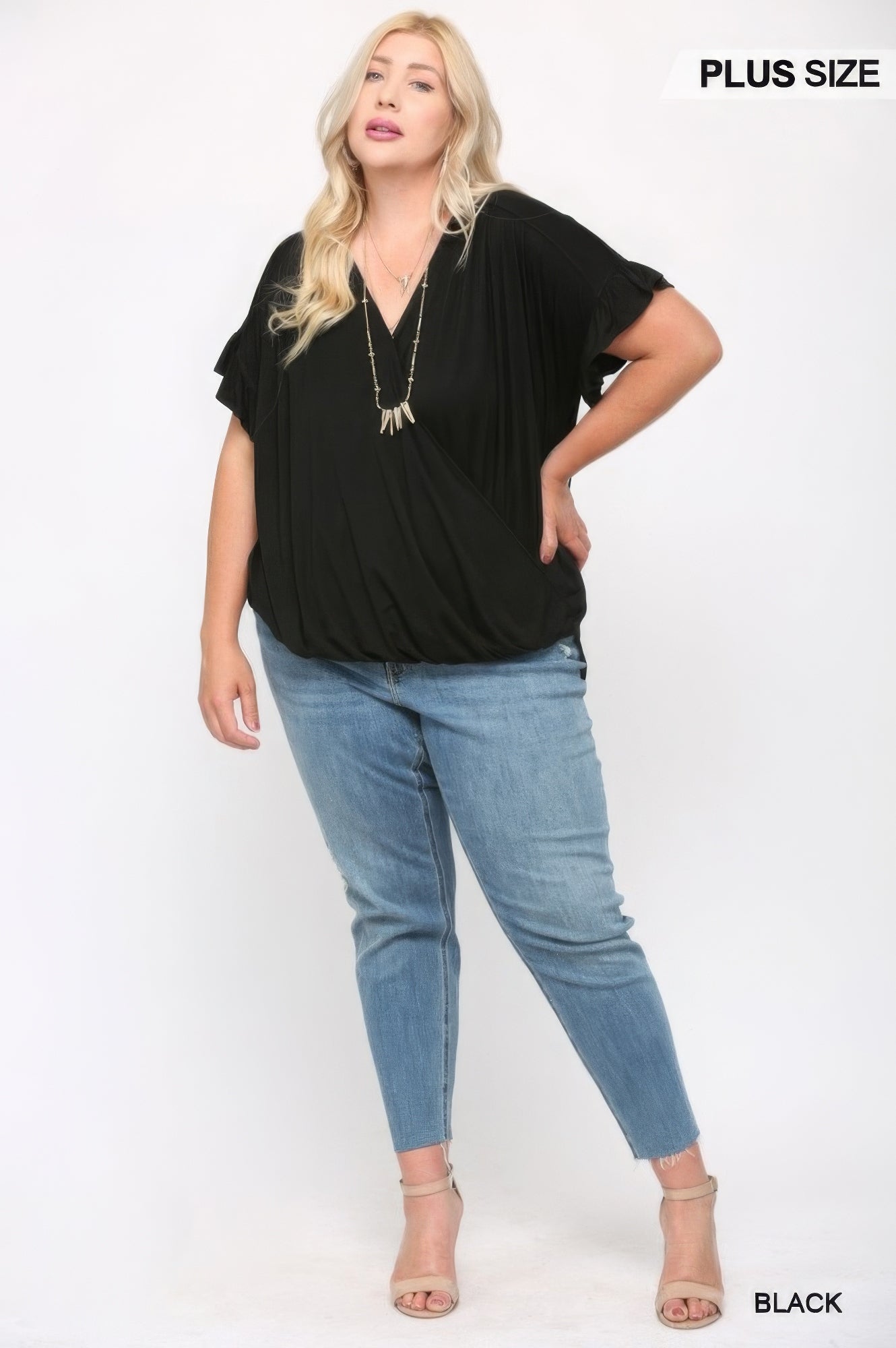 Solid Viscose Knit Surplice Top With Ruffle Sleeve - AV Fashion’s