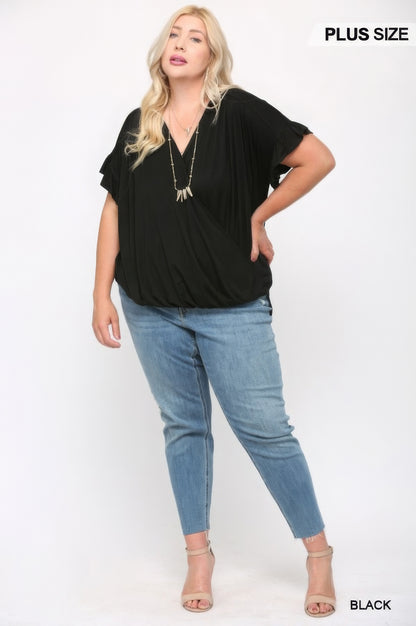 Solid Viscose Knit Surplice Top With Ruffle Sleeve - AV Fashion’s