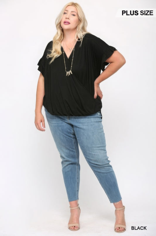 Solid Viscose Knit Surplice Top With Ruffle Sleeve - AV Fashion’s