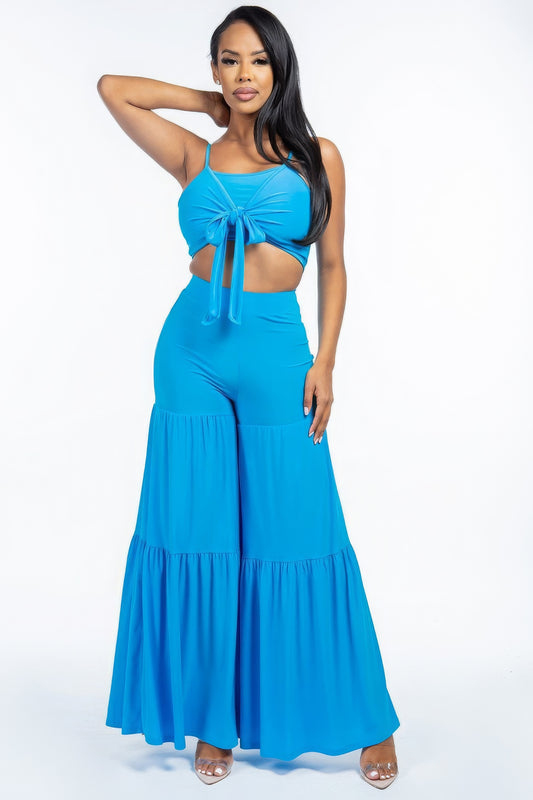 Solid Tie Front Spaghetti Strap Tank Top And Tiered Wide Leg Pants Two Piece Set - AV Fashion’s