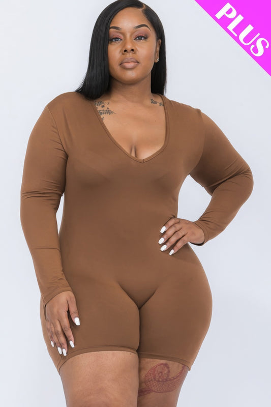 Plus V-neck Long Sleeve Bodycon Romper - AV Fashion’s