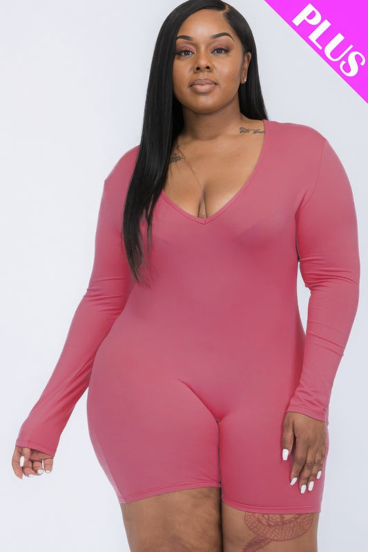 Plus V-neck Long Sleeve Bodycon Romper - AV Fashion’s