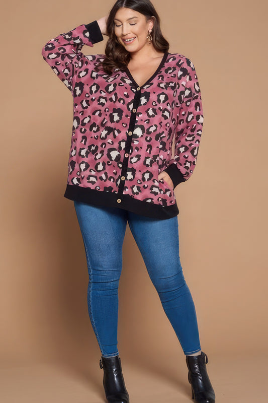 Plus Size Cozy Animal Mir Print With Brush Button Up Cardigan - AV Fashion’s