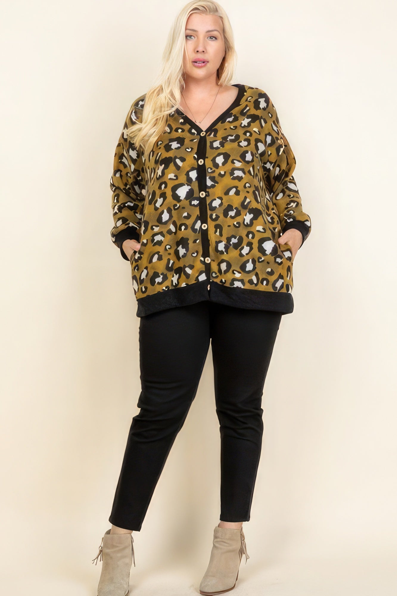 Plus Size Cozy Animal Mir Print With Brush Button Up Cardigan - AV Fashion’s