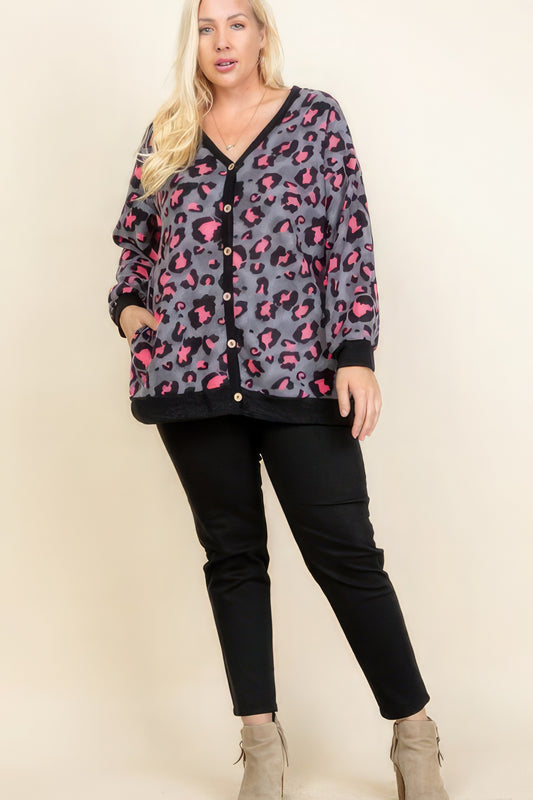 Plus Size Cozy Animal Mir Print With Brush Button Up Cardigan - AV Fashion’s