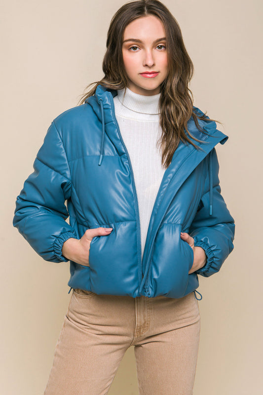 Pu Faux Leather Zipper Hooded Puffer Jacket - AV Fashion’s
