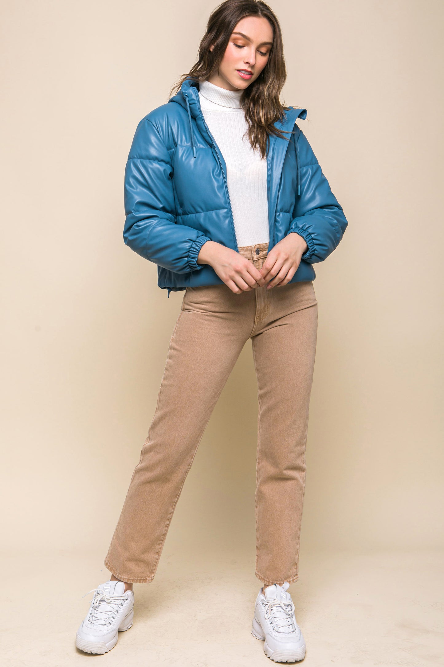 Pu Faux Leather Zipper Hooded Puffer Jacket - AV Fashion’s