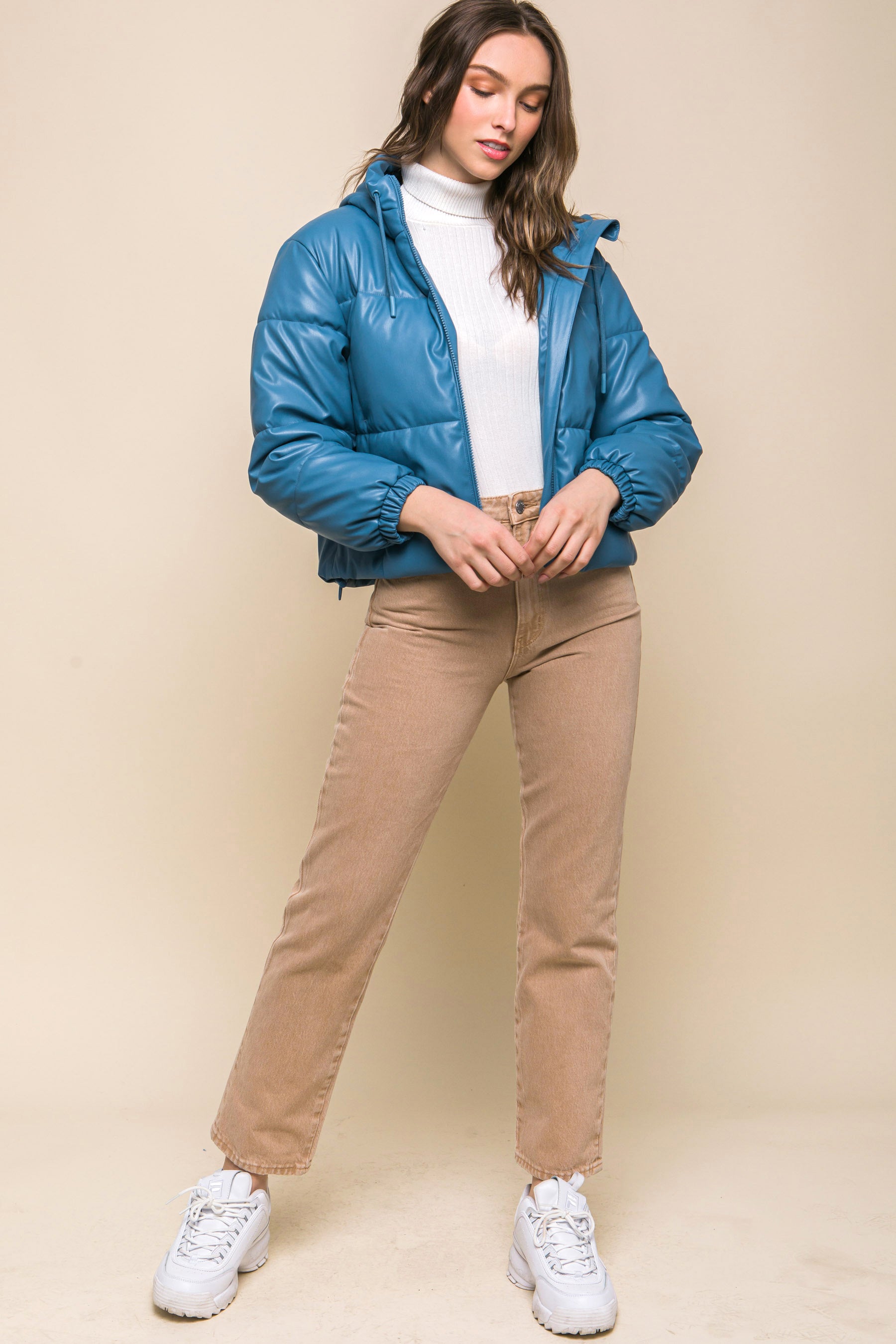 Pu Faux Leather Zipper Hooded Puffer Jacket - AV Fashion’s