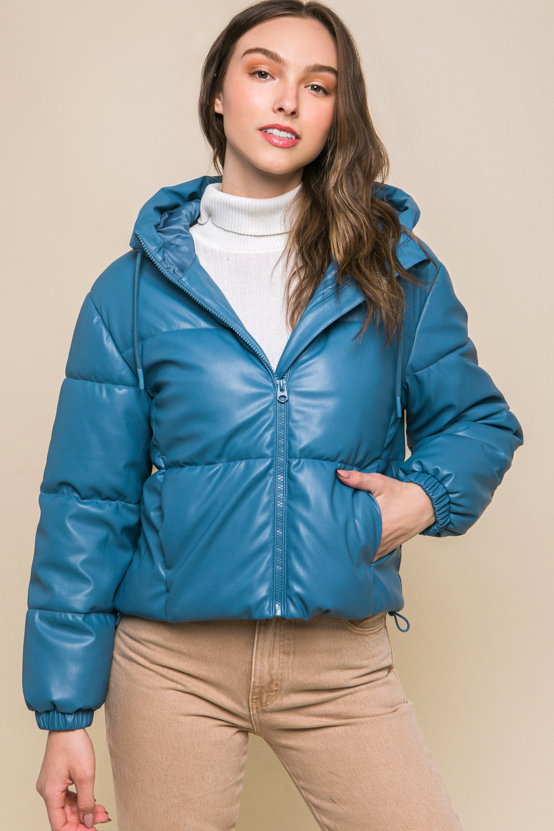 Pu Faux Leather Zipper Hooded Puffer Jacket - AV Fashion’s