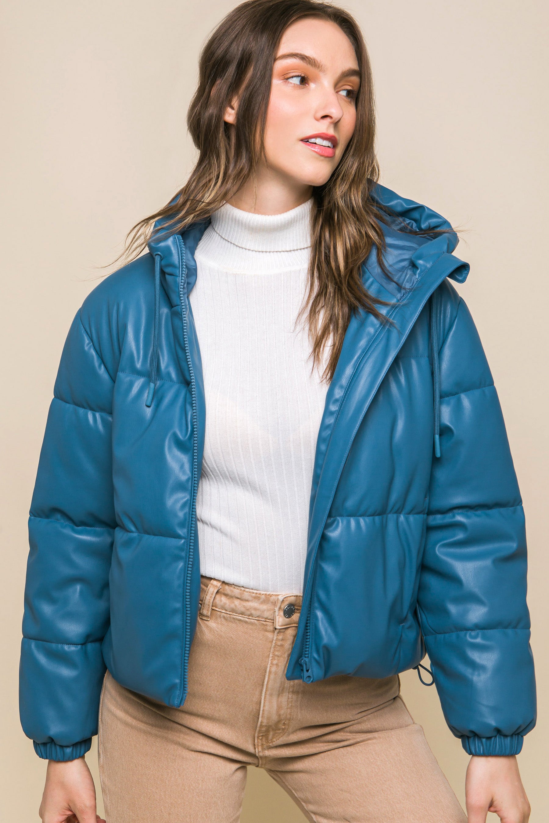 Pu Faux Leather Zipper Hooded Puffer Jacket - AV Fashion’s