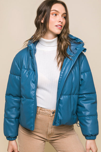Pu Faux Leather Zipper Hooded Puffer Jacket - AV Fashion’s