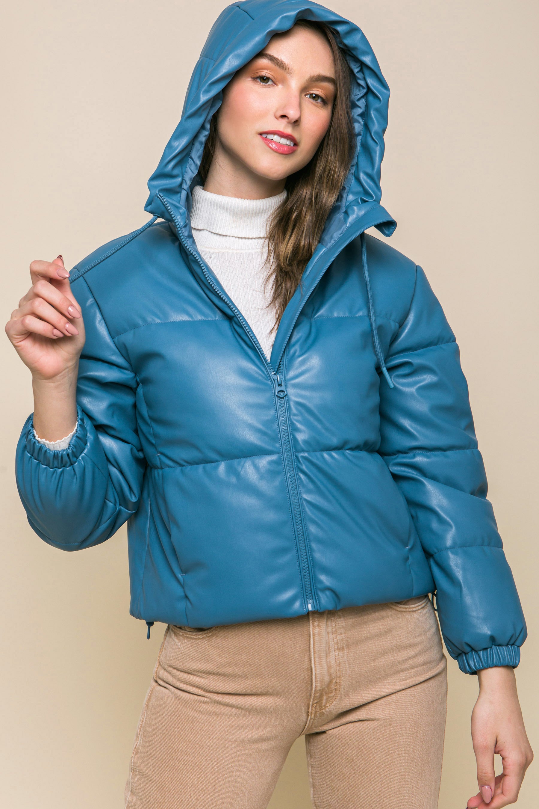 Pu Faux Leather Zipper Hooded Puffer Jacket - AV Fashion’s