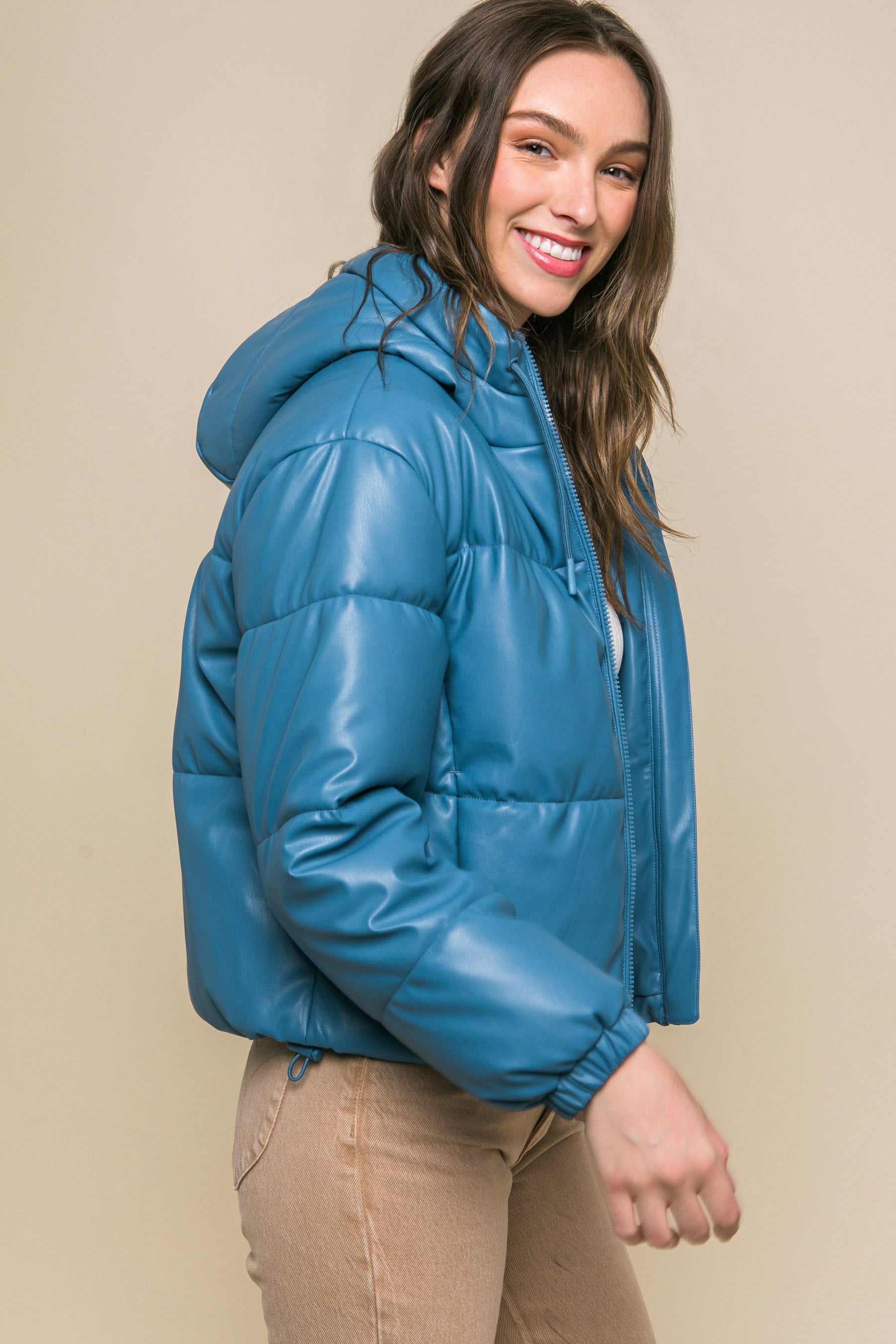 Pu Faux Leather Zipper Hooded Puffer Jacket - AV Fashion’s
