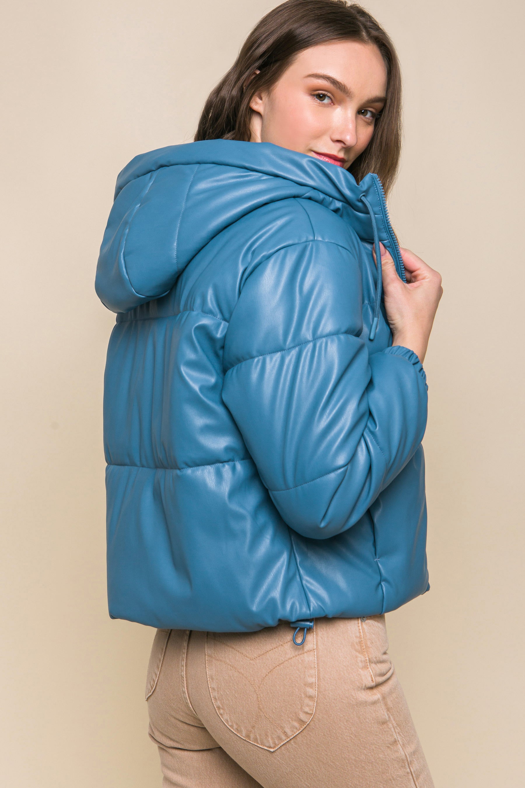 Pu Faux Leather Zipper Hooded Puffer Jacket - AV Fashion’s