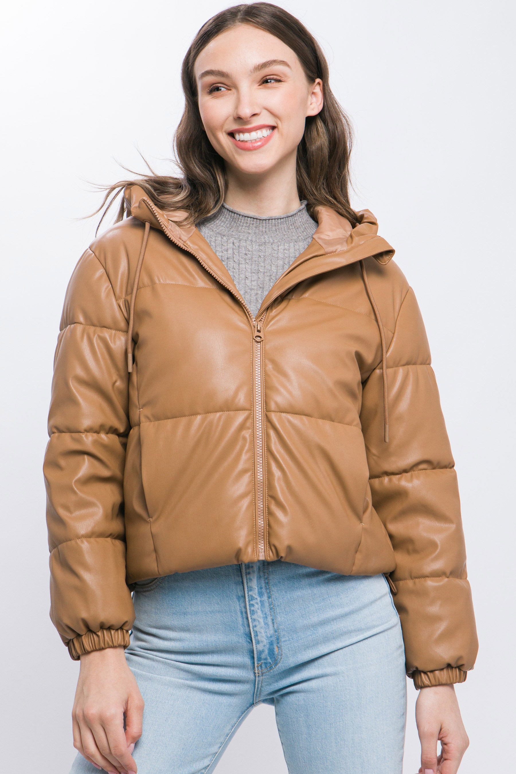 Pu Faux Leather Zipper Hooded Puffer Jacket - AV Fashion’s