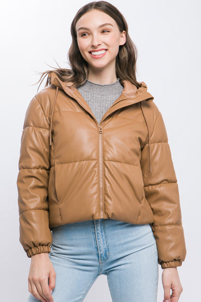 Pu Faux Leather Zipper Hooded Puffer Jacket - AV Fashion’s