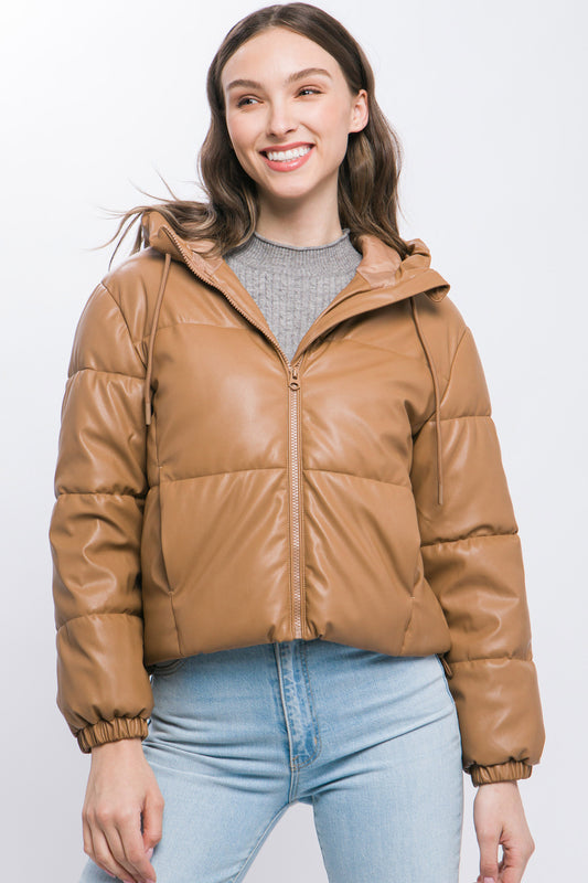Pu Faux Leather Zipper Hooded Puffer Jacket - AV Fashion’s