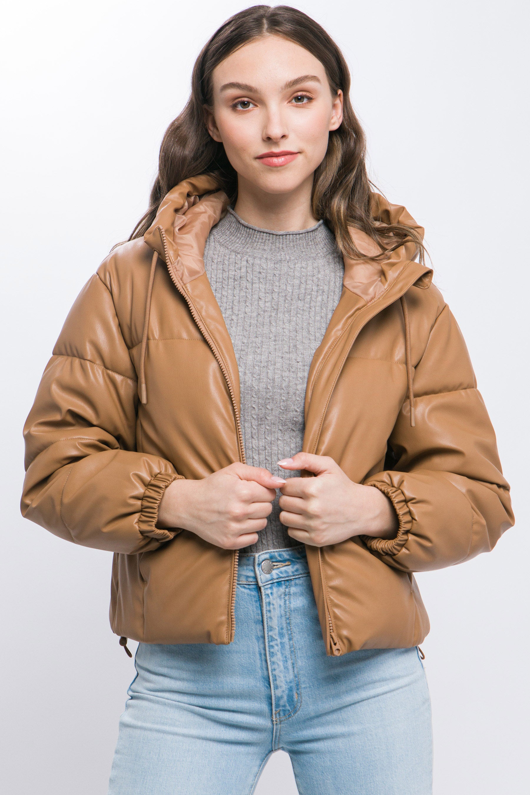Pu Faux Leather Zipper Hooded Puffer Jacket - AV Fashion’s