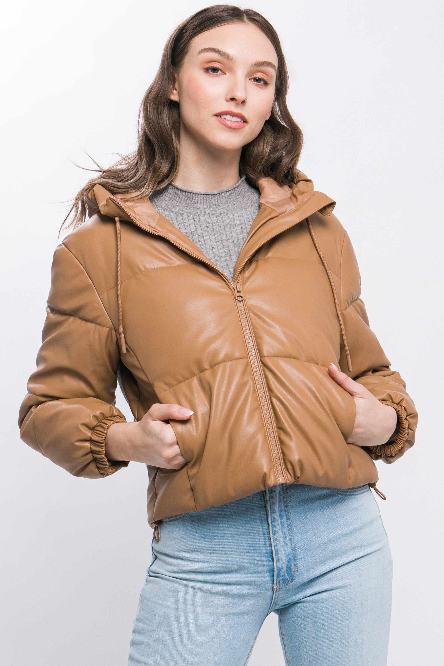 Pu Faux Leather Zipper Hooded Puffer Jacket - AV Fashion’s