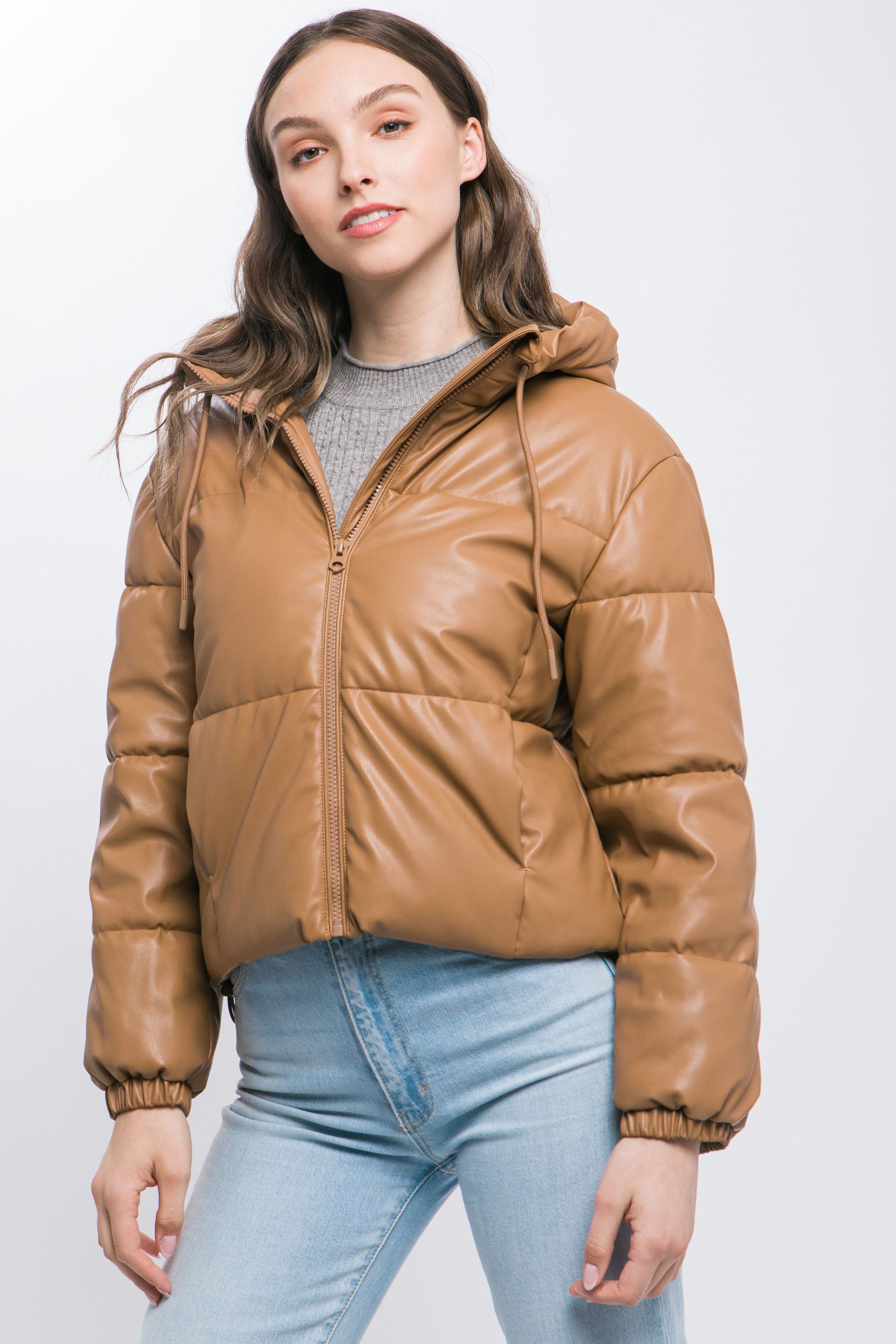 Pu Faux Leather Zipper Hooded Puffer Jacket - AV Fashion’s