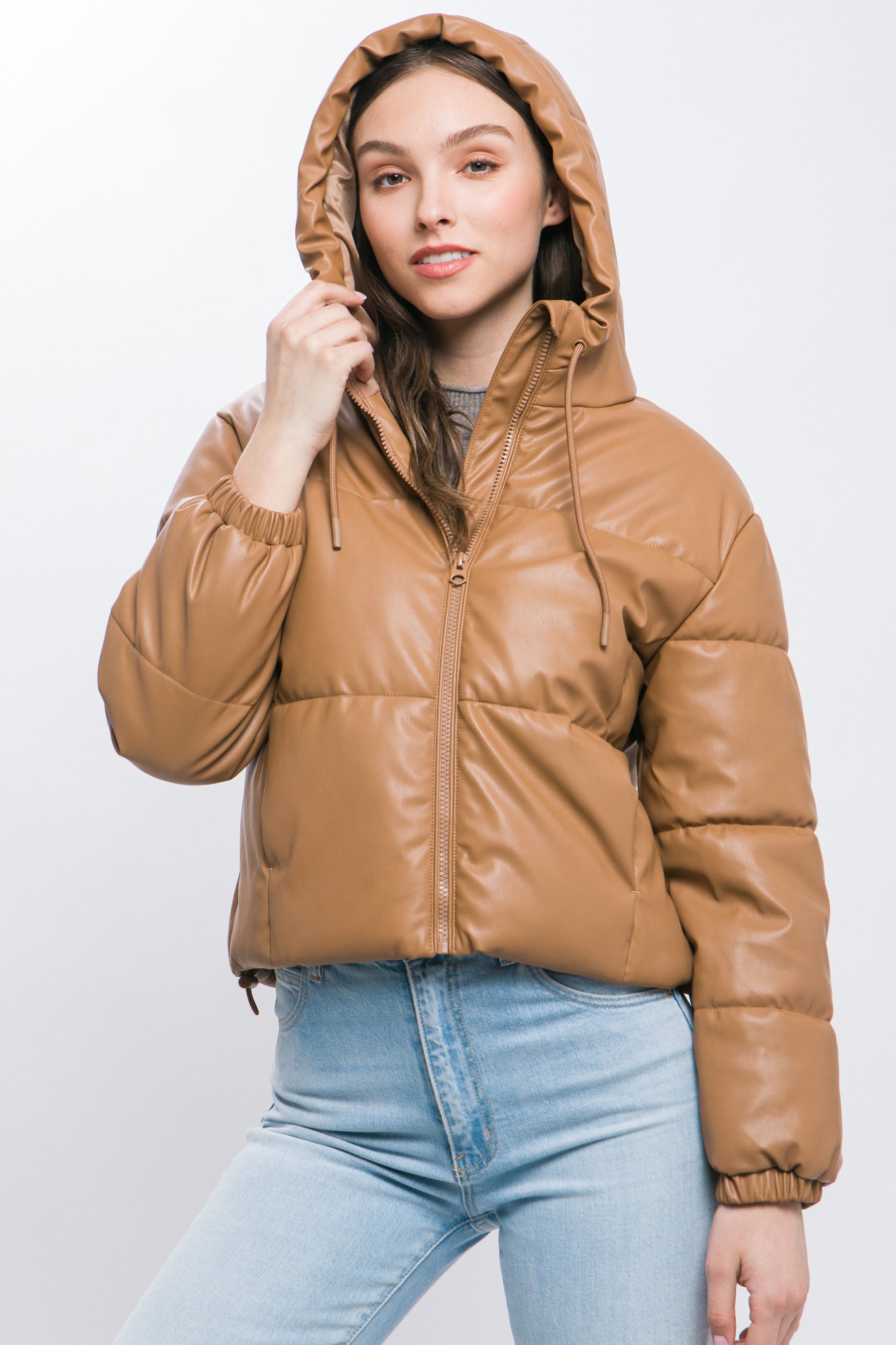 Pu Faux Leather Zipper Hooded Puffer Jacket - AV Fashion’s