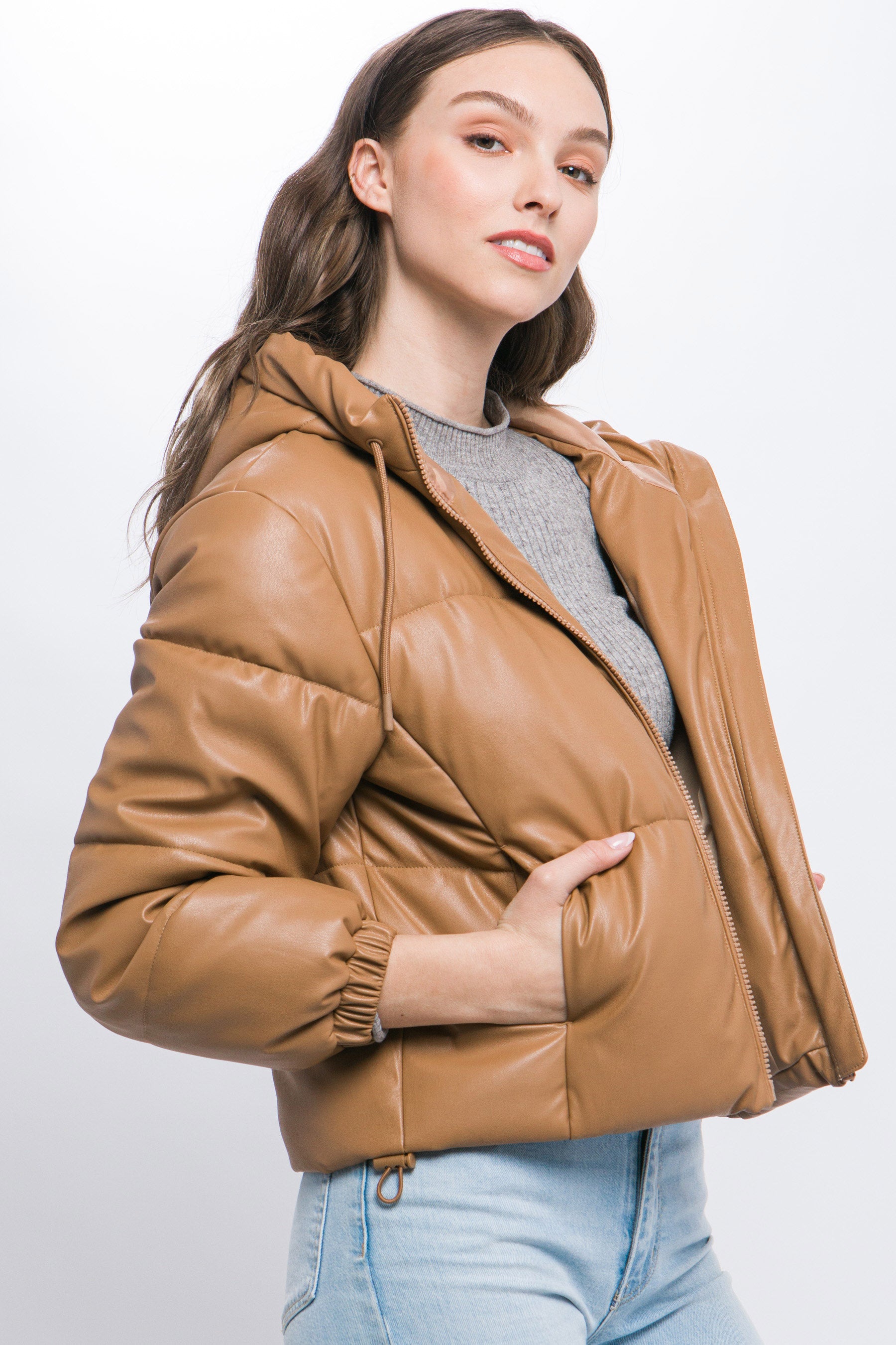 Pu Faux Leather Zipper Hooded Puffer Jacket - AV Fashion’s