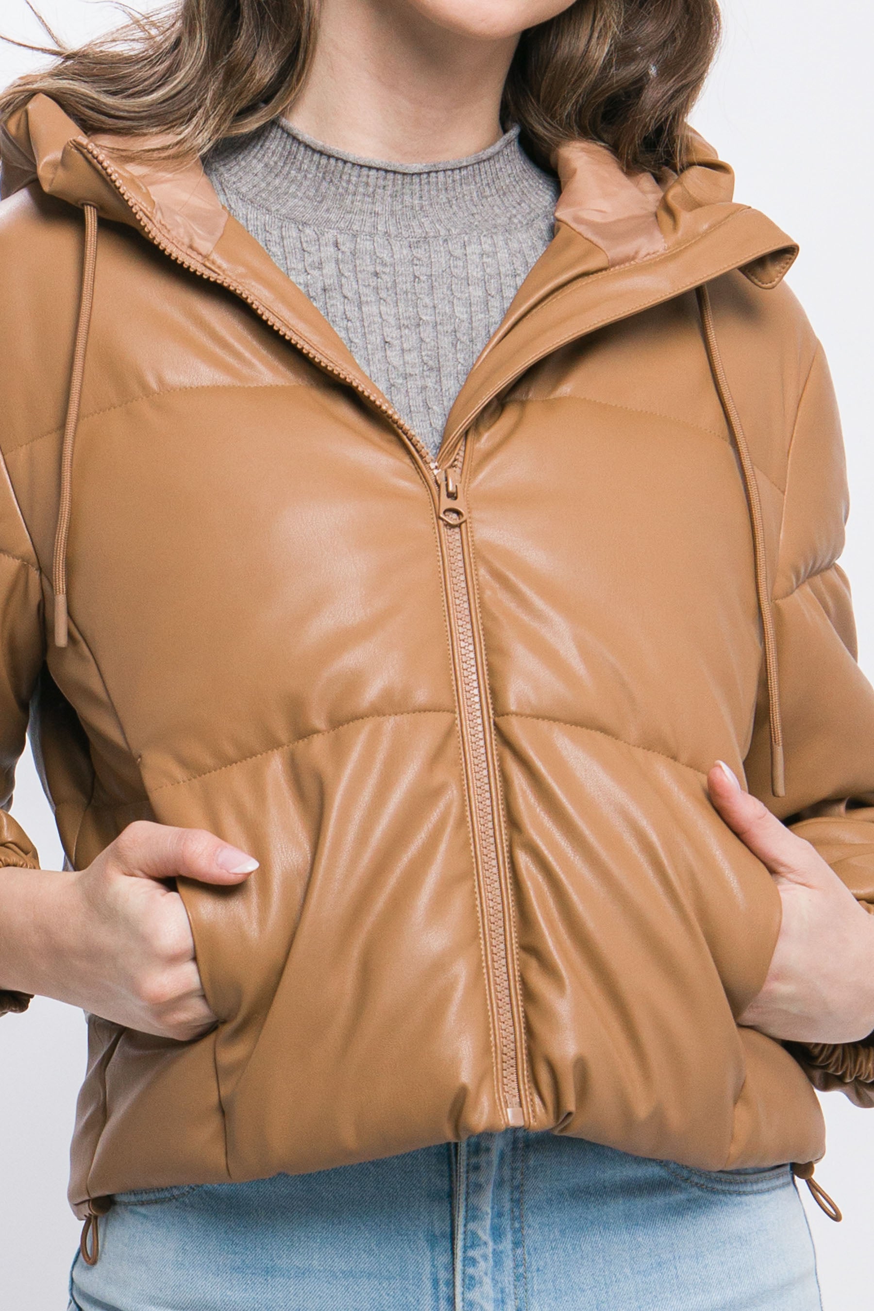 Pu Faux Leather Zipper Hooded Puffer Jacket - AV Fashion’s
