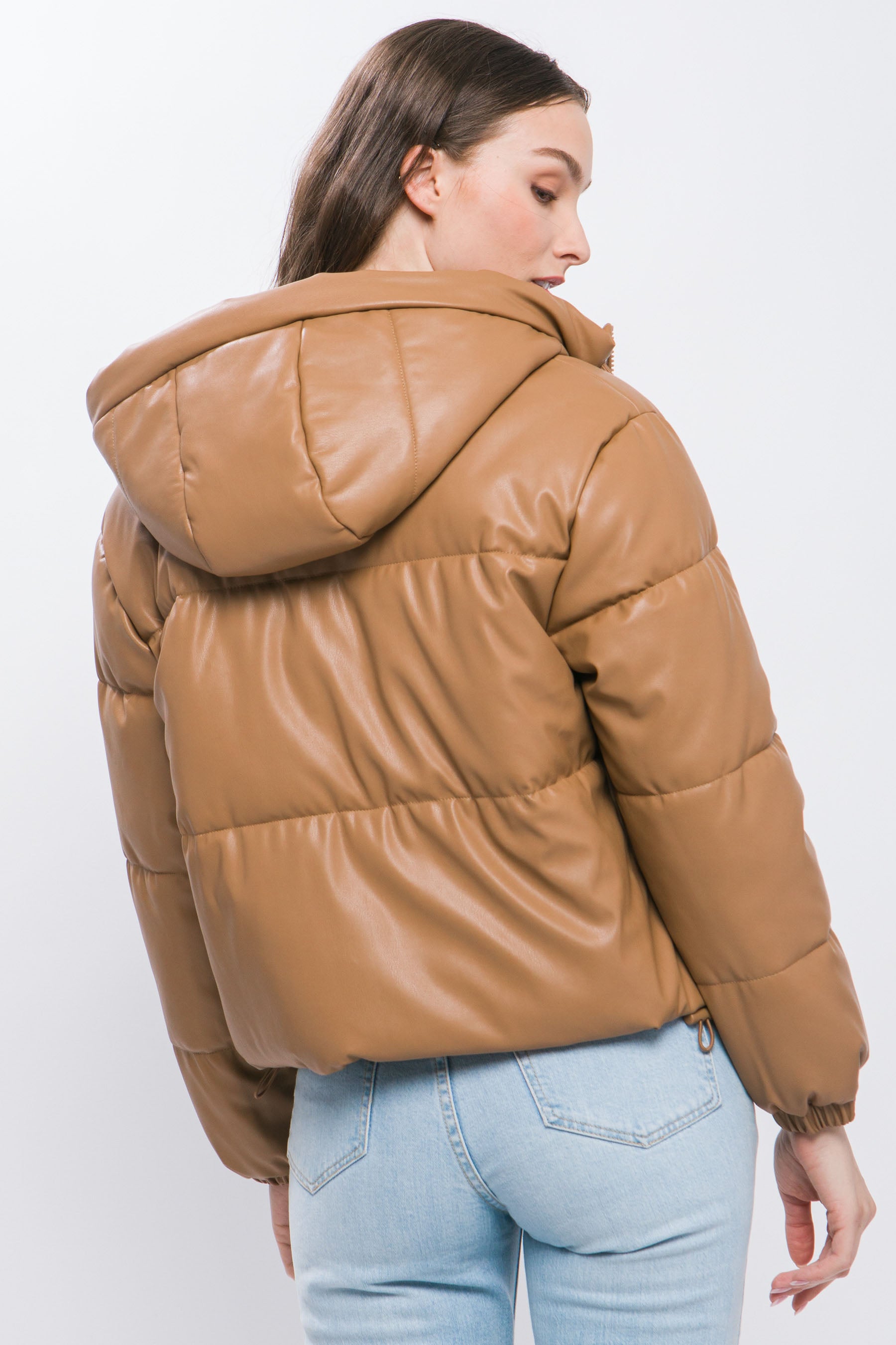 Pu Faux Leather Zipper Hooded Puffer Jacket - AV Fashion’s