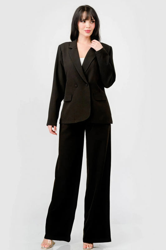 Luxe Stretch Woven Loose Fit Blazer And Wide Legs Pants Semi Formal Set - AV Fashion’s
