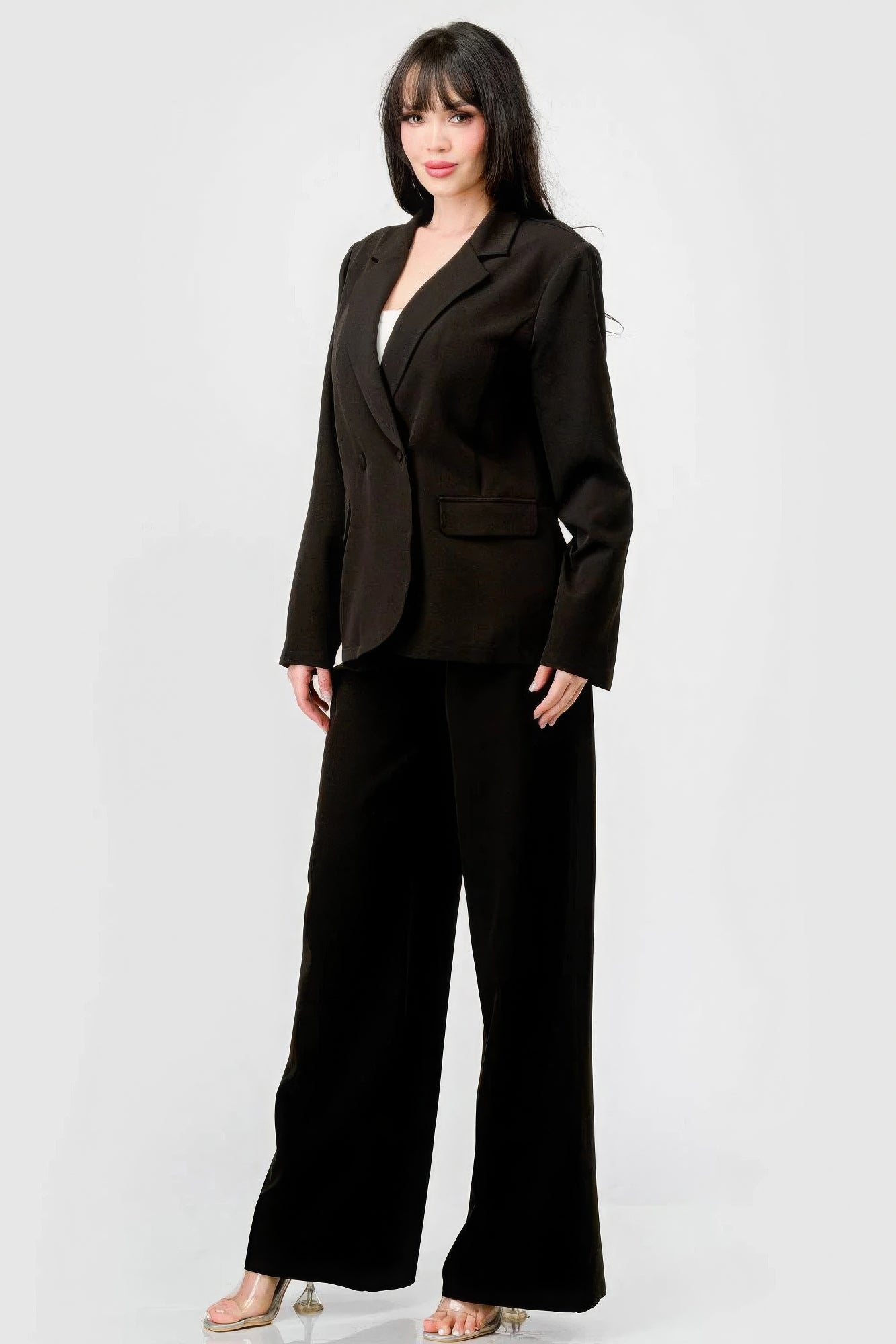 Luxe Stretch Woven Loose Fit Blazer And Wide Legs Pants Semi Formal Set - AV Fashion’s