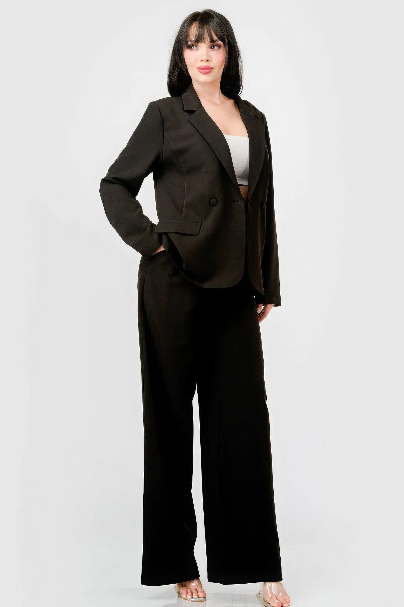 Luxe Stretch Woven Loose Fit Blazer And Wide Legs Pants Semi Formal Set - AV Fashion’s