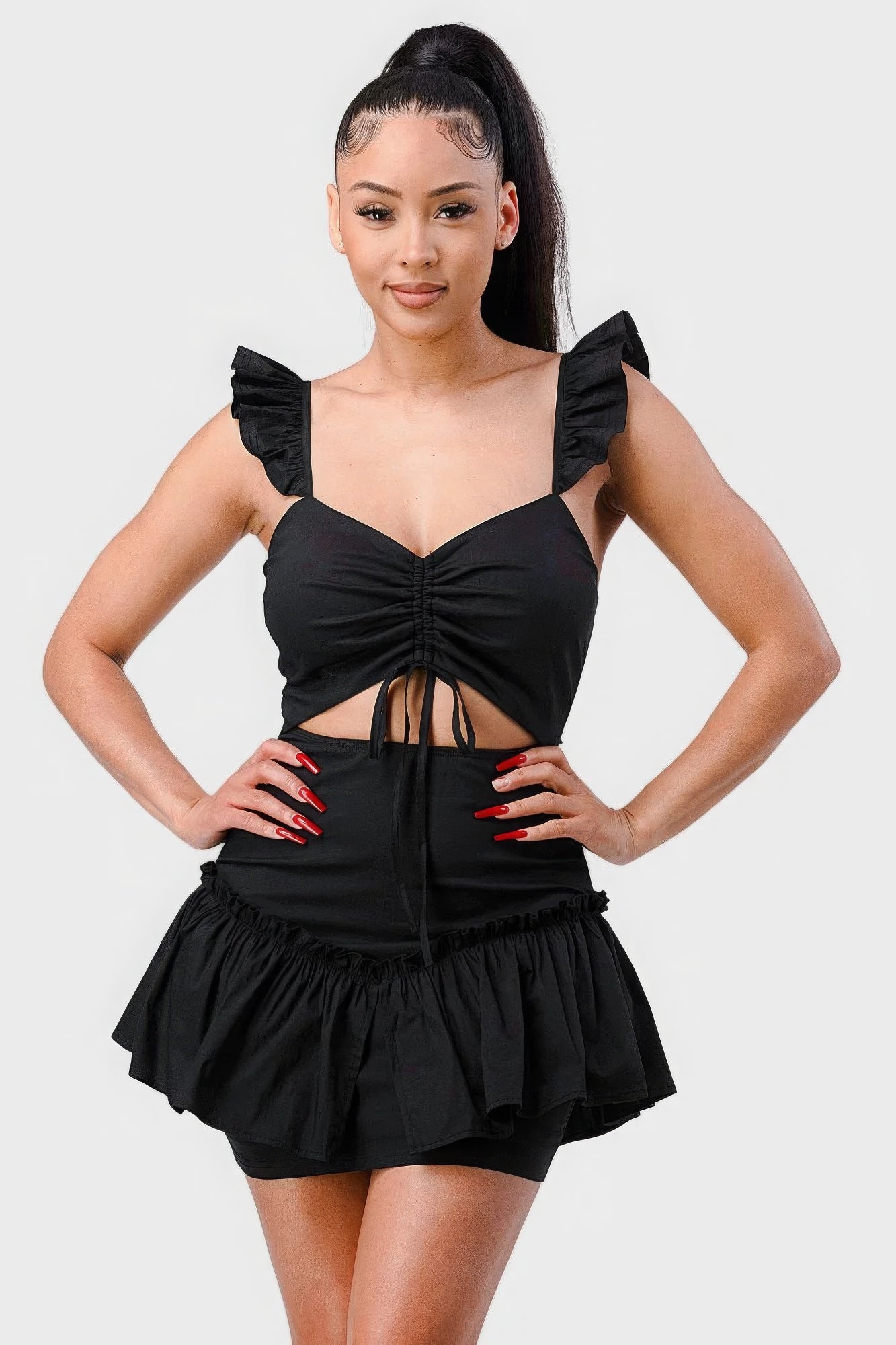 Sweetheart With Drawstring Bow Cutout Ruffled Flutter Sleeves Mini Dress - AV Fashion’s