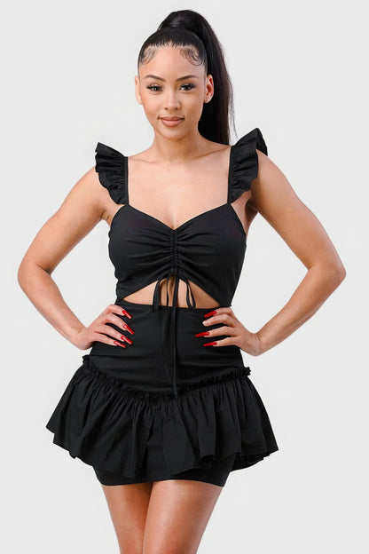Sweetheart With Drawstring Bow Cutout Ruffled Flutter Sleeves Mini Dress - AV Fashion’s