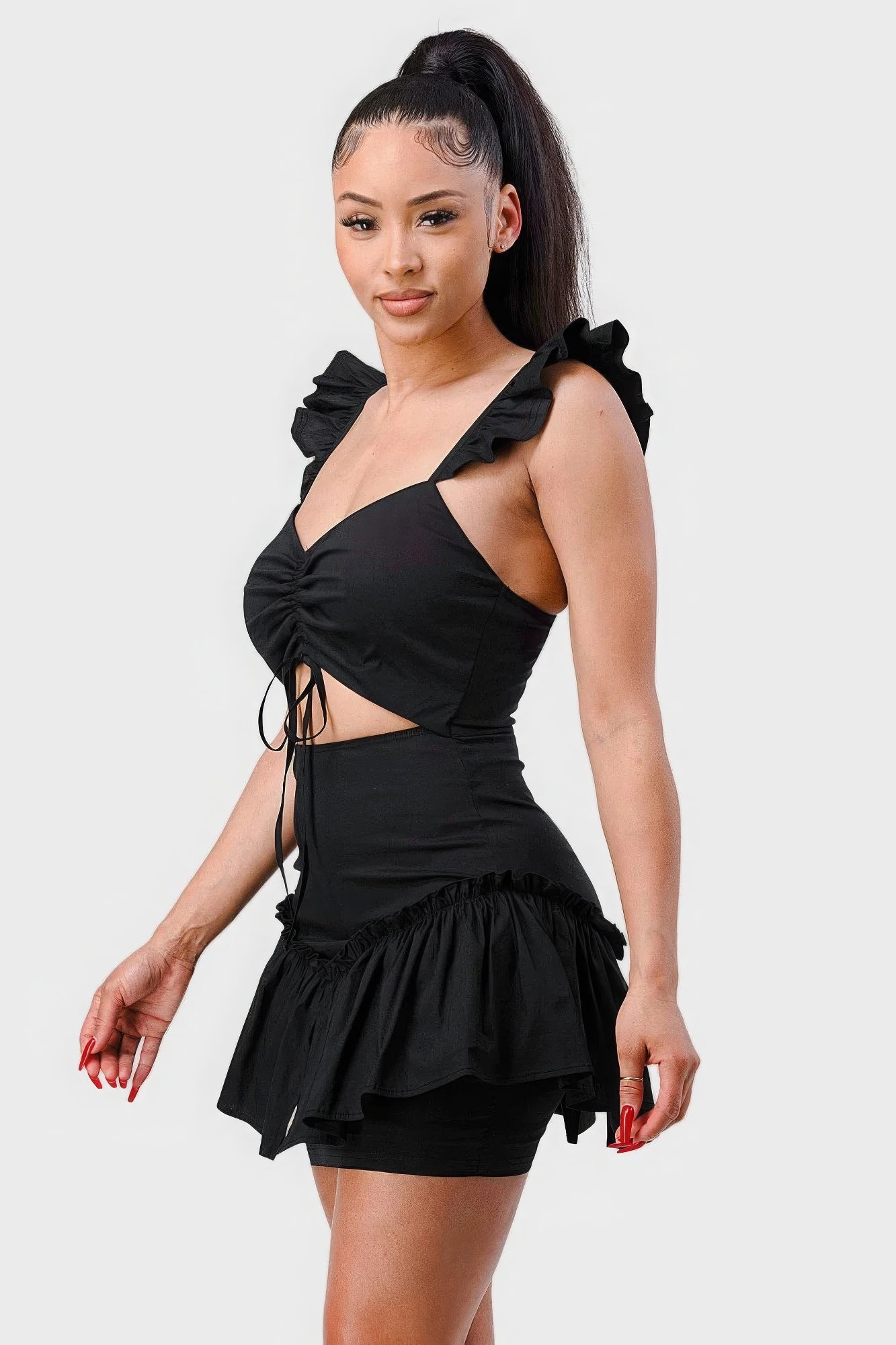 Sweetheart With Drawstring Bow Cutout Ruffled Flutter Sleeves Mini Dress - AV Fashion’s